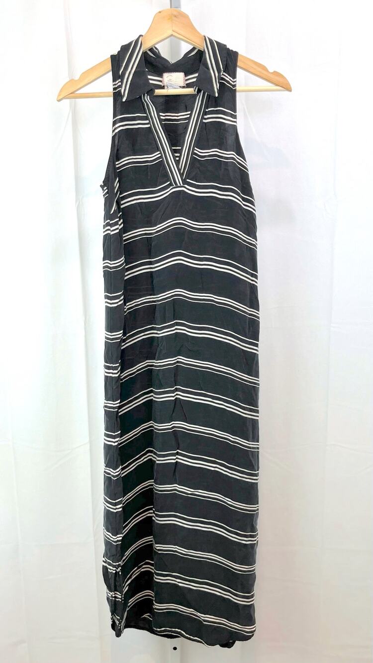 POSTMARK by Anthropologie Size XS Striped Collared Midi Shirt Dress V-Neck Black